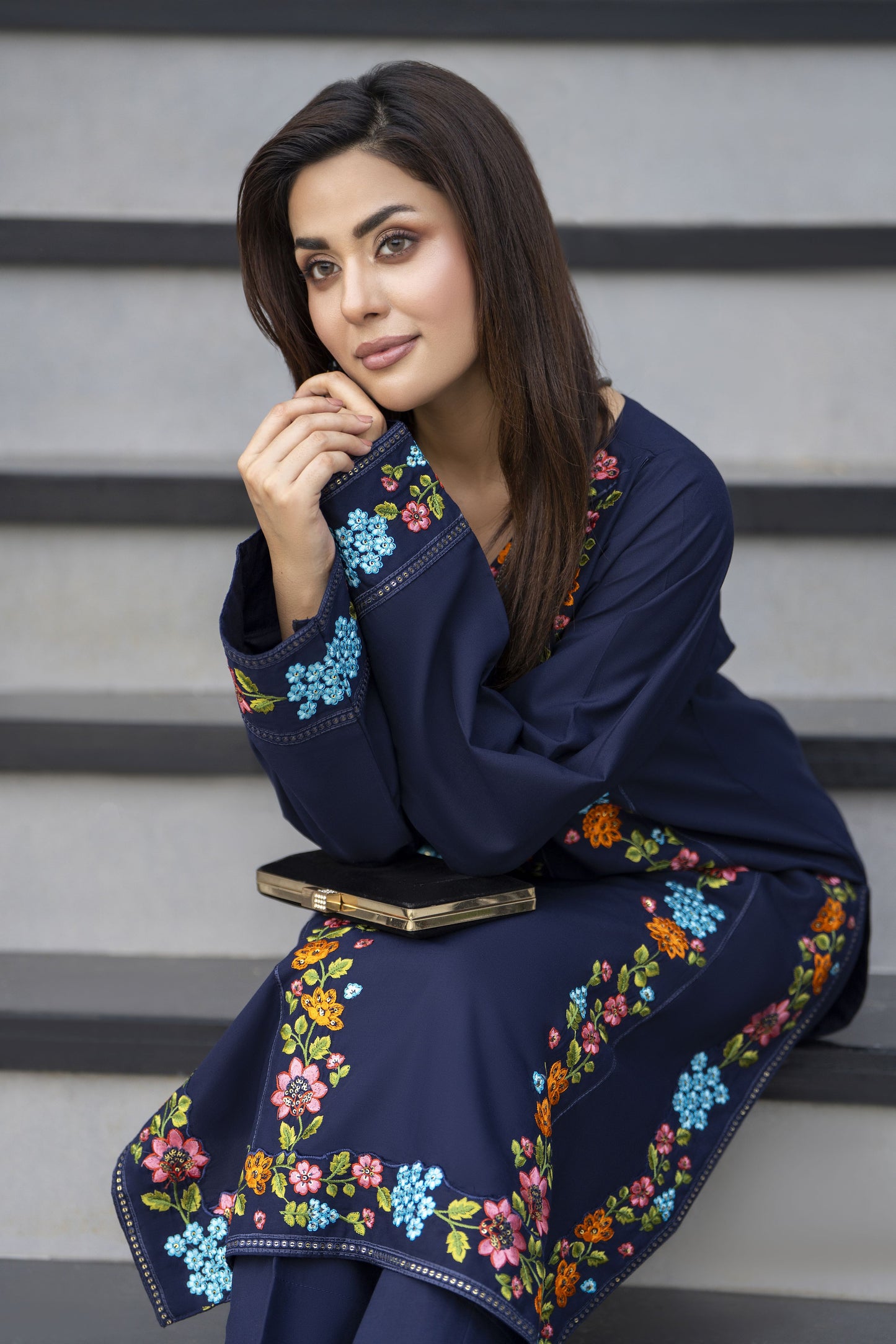 Navy Classic Ready to Wear 2 Pcs Embroidered Dress