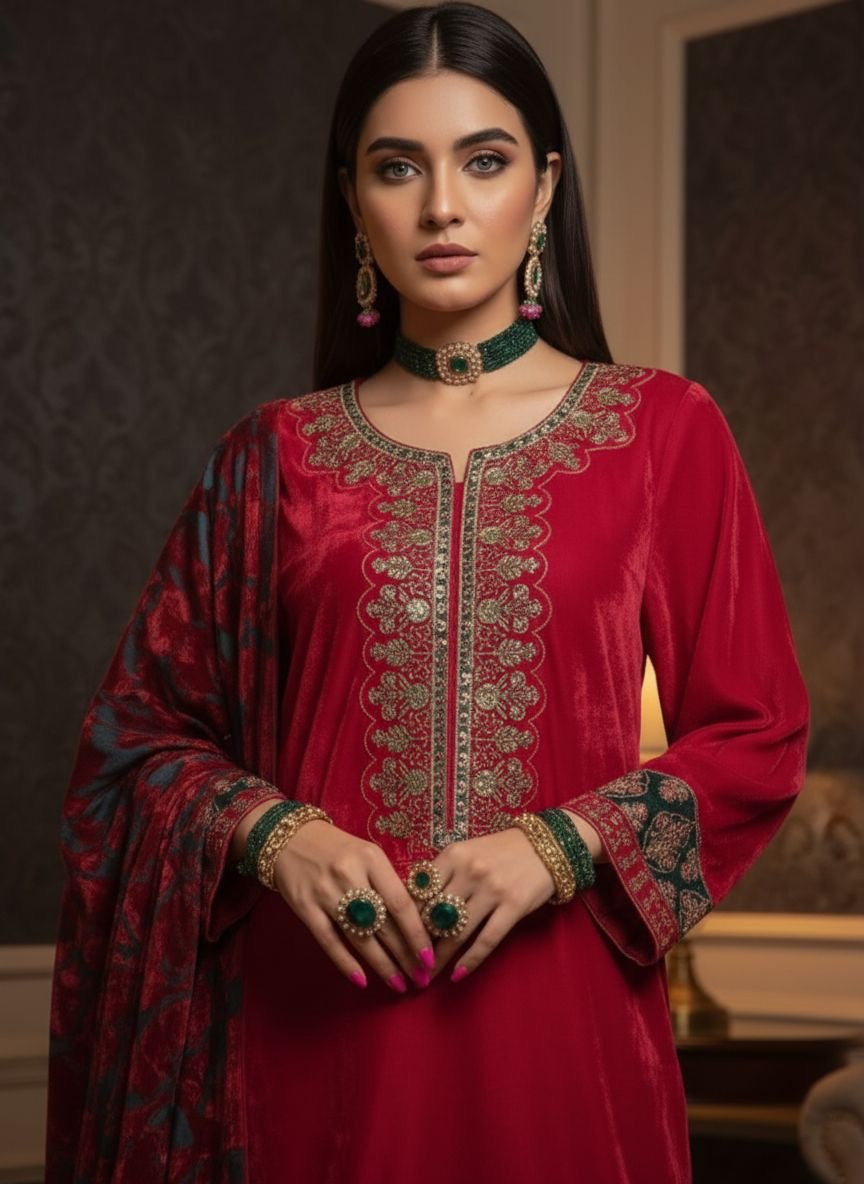 Laajh Red Velvet Ready to Wear 3 Pcs Embroidered Dress