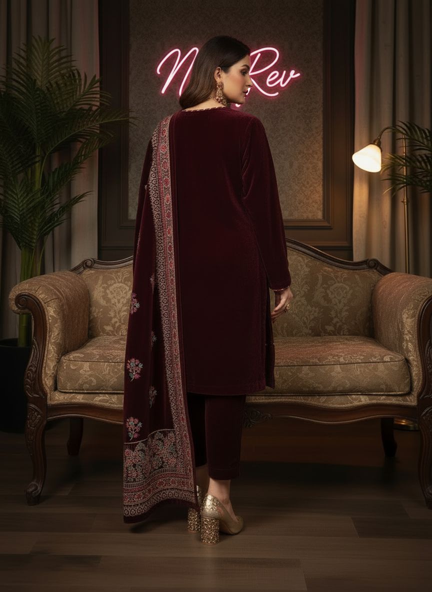 Lajwanti Maroon velvet Ready to Wear Dress with Velvet Shawl