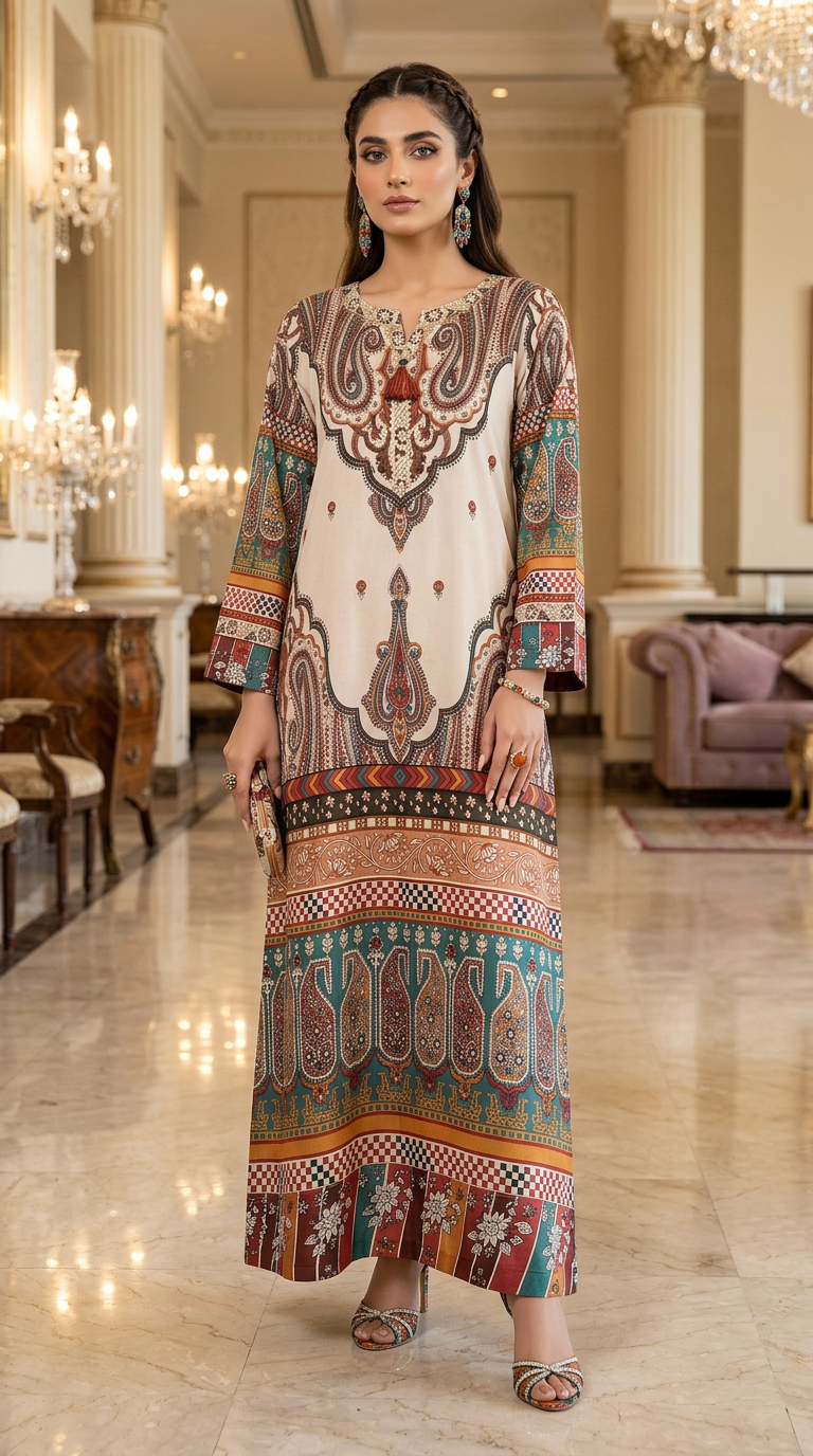 Iqsam Multicolour Linen Printed 2 Pcs Kaftan