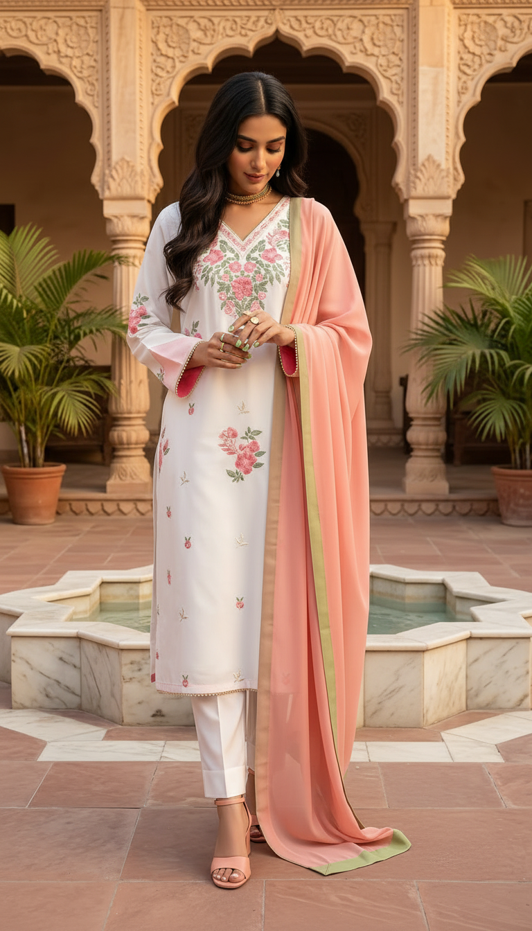 Hiba Cream Ready to Wear 3 Pcs Embroidered Dress