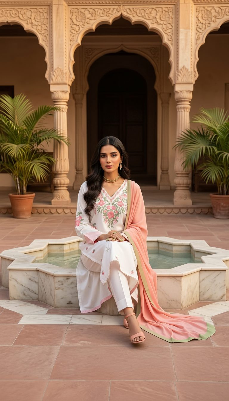 Hiba Cream Ready to Wear 3 Pcs Embroidered Dress
