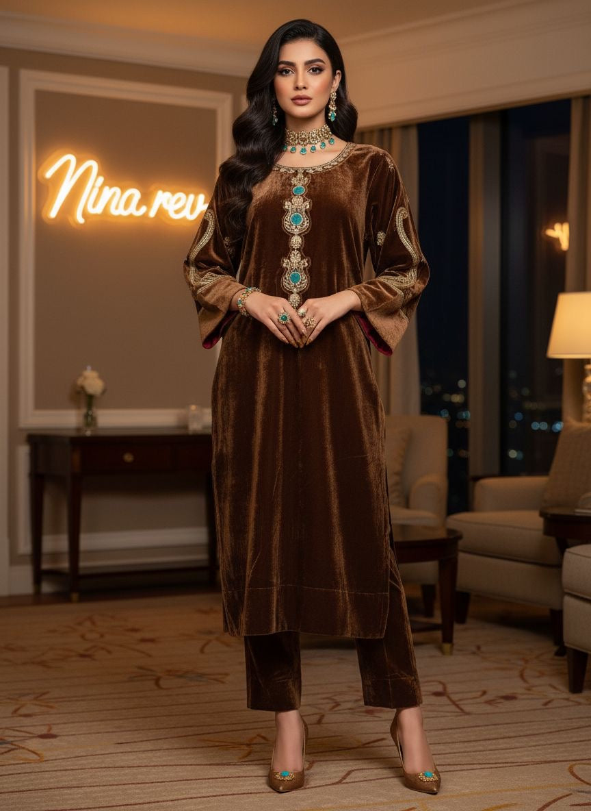 Nurbano Brown Velvet Embroidered 2 Pcs Dress