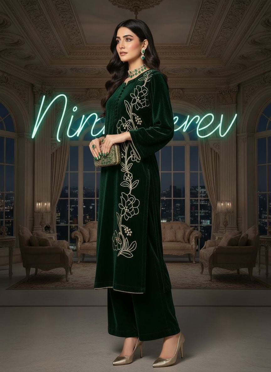 Natalia Green Velvet 2 Pcs Embroidered Dress