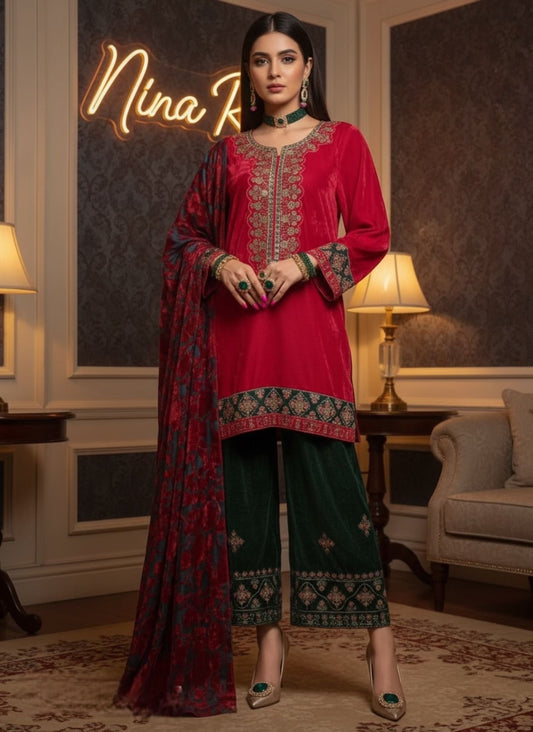 Laajh Red Velvet Ready to Wear 3 Pcs Embroidered Dress