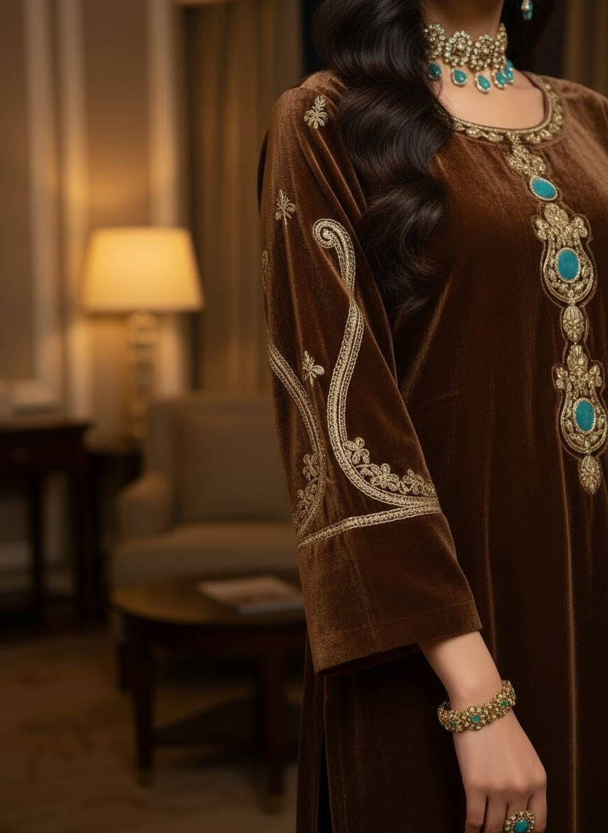 Nurbano Brown Velvet Embroidered 2 Pcs Dress