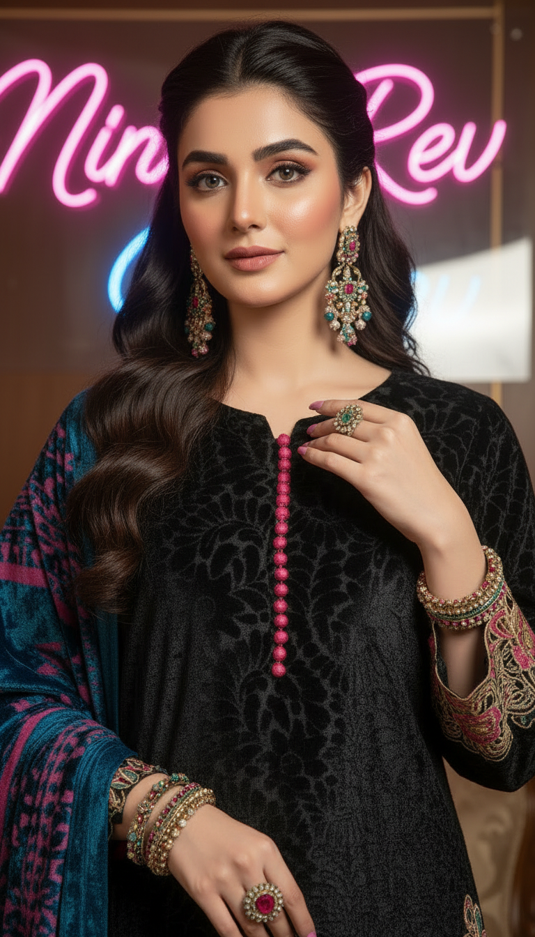 Akbari Black Velvet 3 pcs Embroidered Dress with Shawl