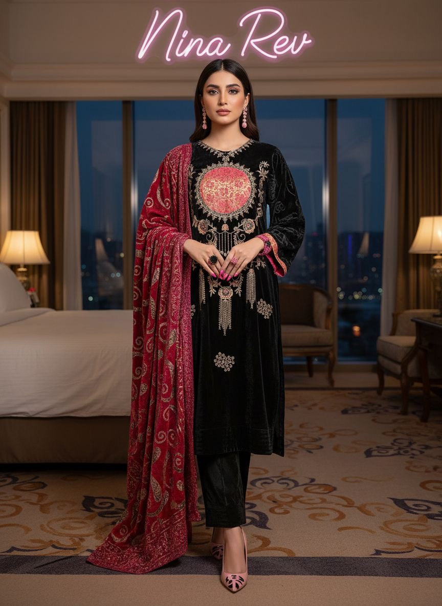Hala Black Velvet Ready to Wear 3 Pcs Embroidered Dress