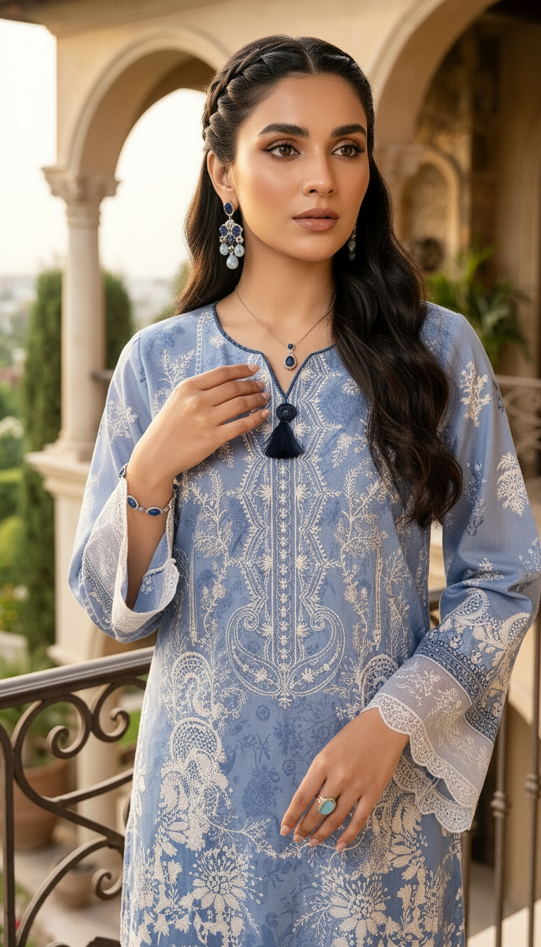 Aqua Deep Ready to Wear 2 Pcs Linen Embroidered Dress