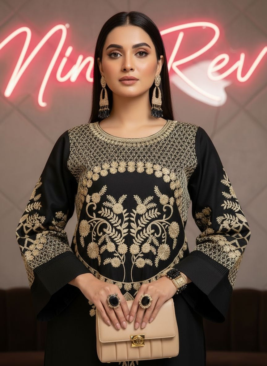 Merab Black Ready to Wear 2 Pcs Embroidered Dress