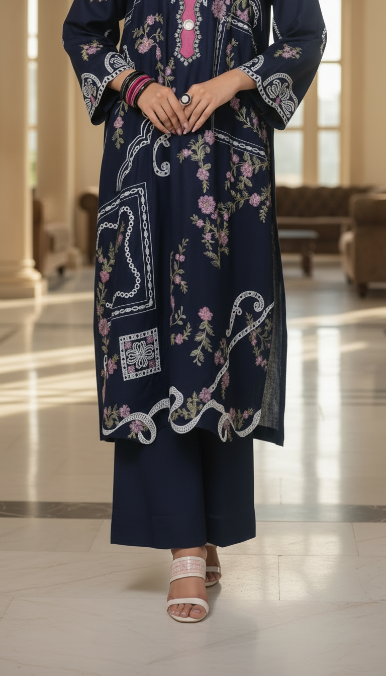 Afghan Navy Embroidered 2 Pcs Kaftan Dress
