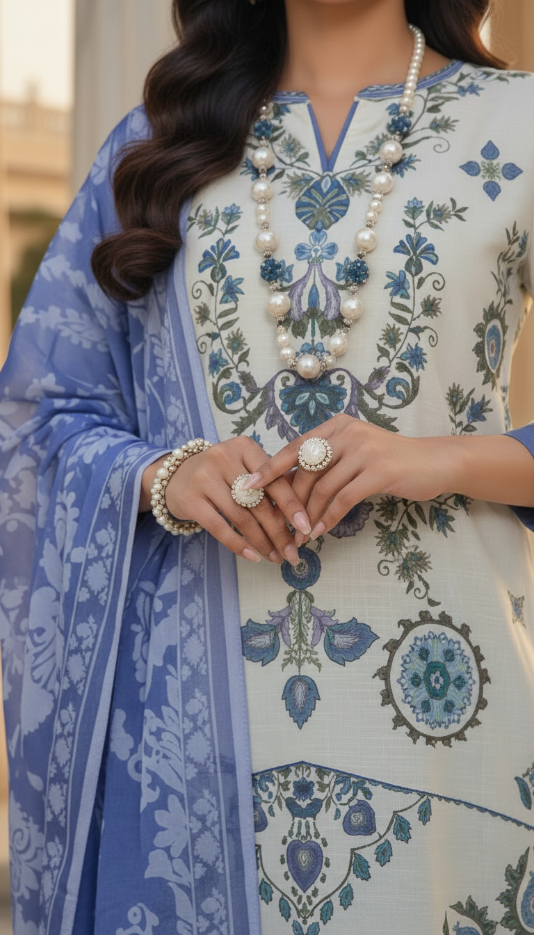 Cream Pearl Ready to Wear 3 Pcs Lawn Dress