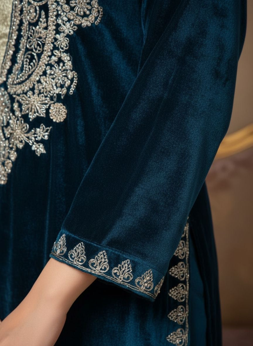 Husna Teal Velvet Ready to Wear 2 pcs Dress