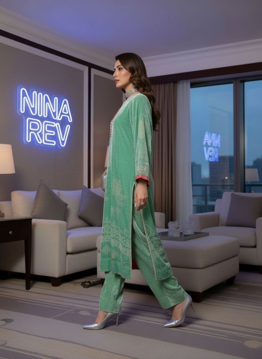 Pistachio French Velvet 2 Pcs Dress with Palachi Work
