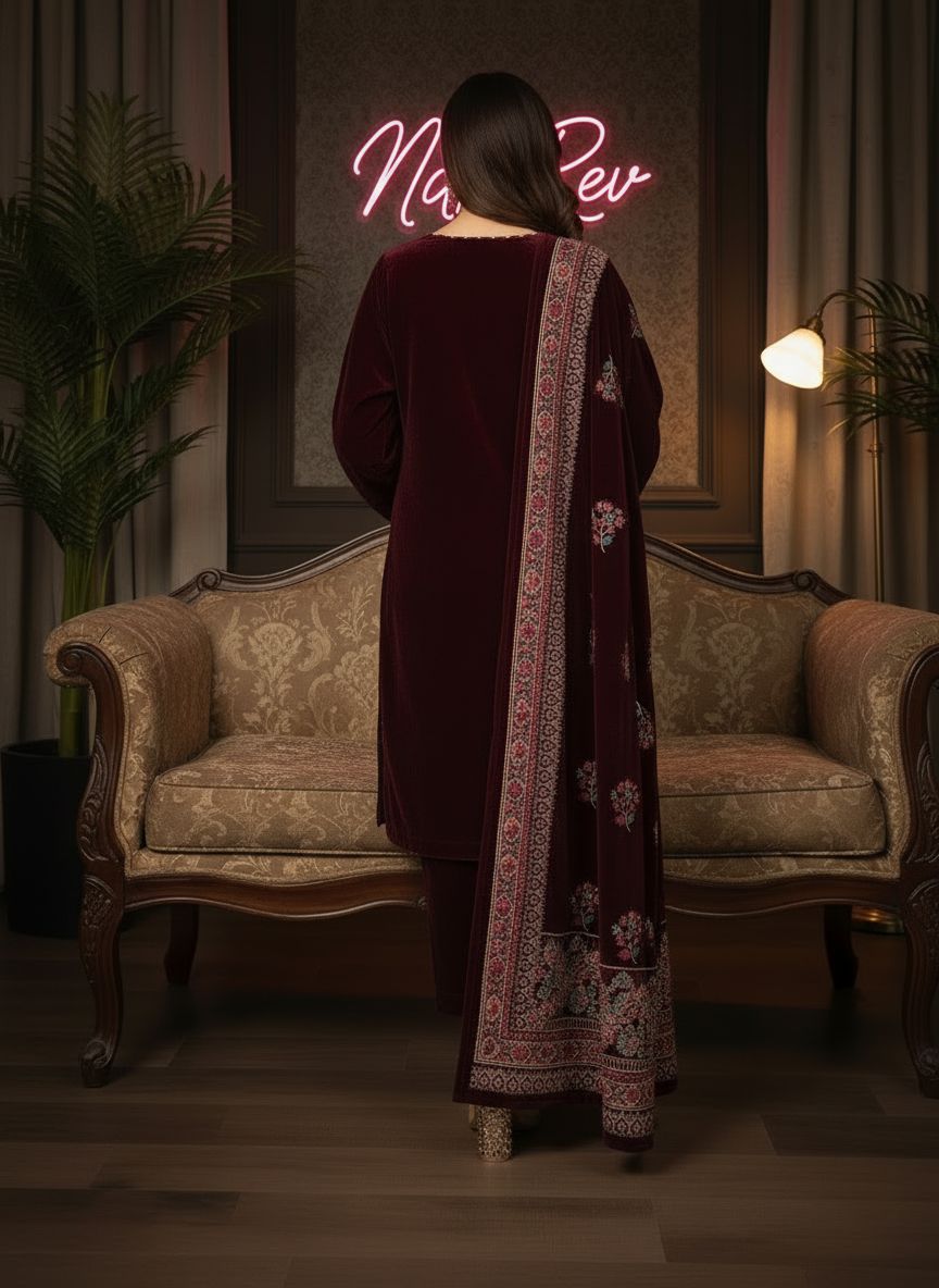 Lajwanti Maroon velvet Ready to Wear Dress with Velvet Shawl