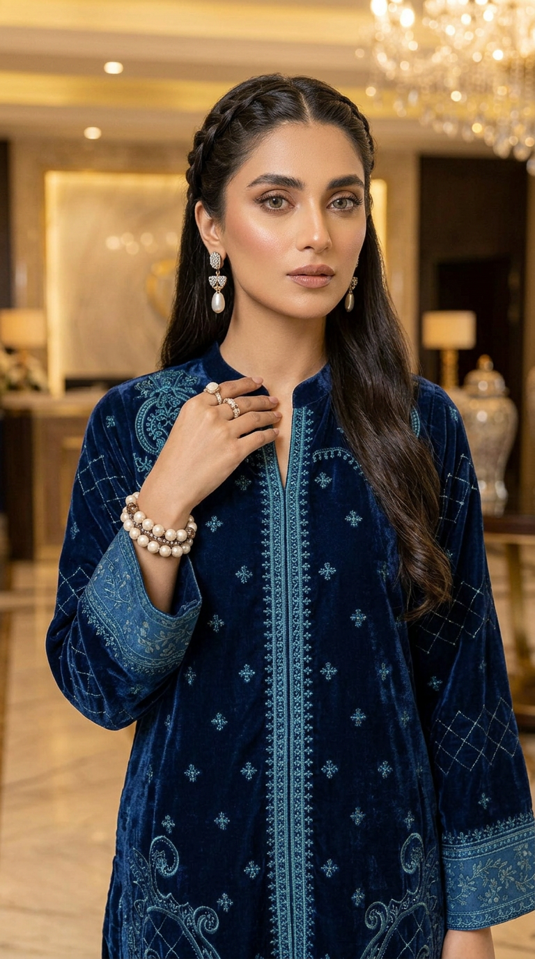 Lazen Navy Velvet Embroidered 2 Pcs Dress