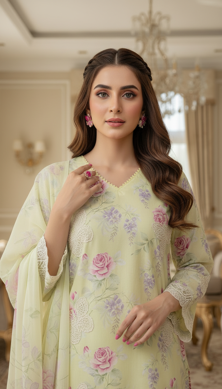 Gulzar Pale Ready to Wear 3 Pcs Embroidered Dress with Chiffon dopatta