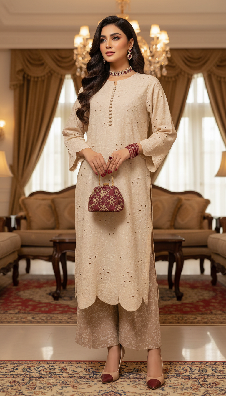 Cream Chikankari Ready to Wear 2 Pcs Dress