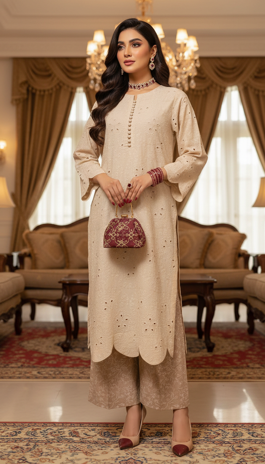 Cream Chikankari Ready to Wear 2 Pcs Dress