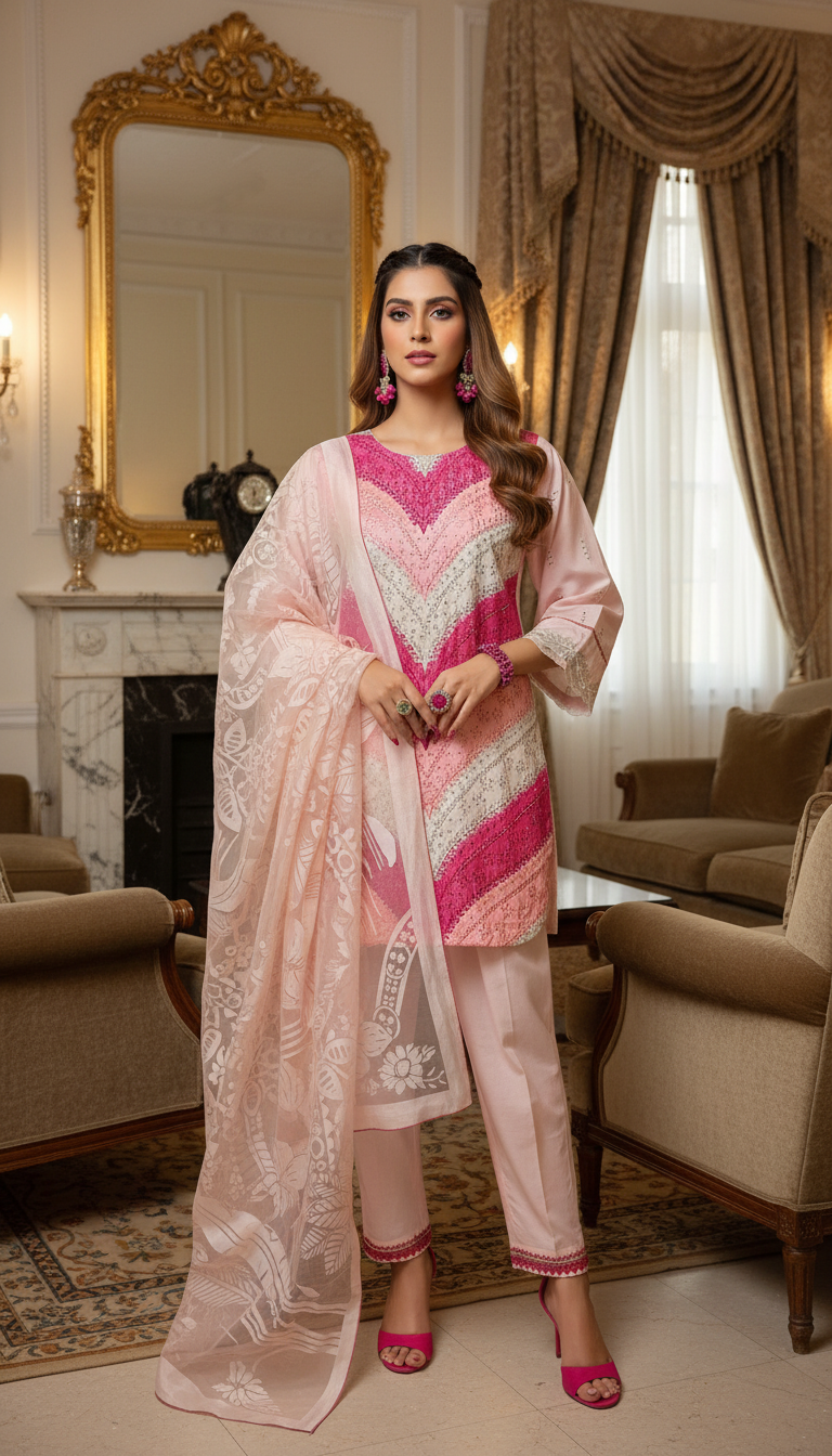 Rhea Pink Full chikankari Embroidered Dress with Jacquard dopatta
