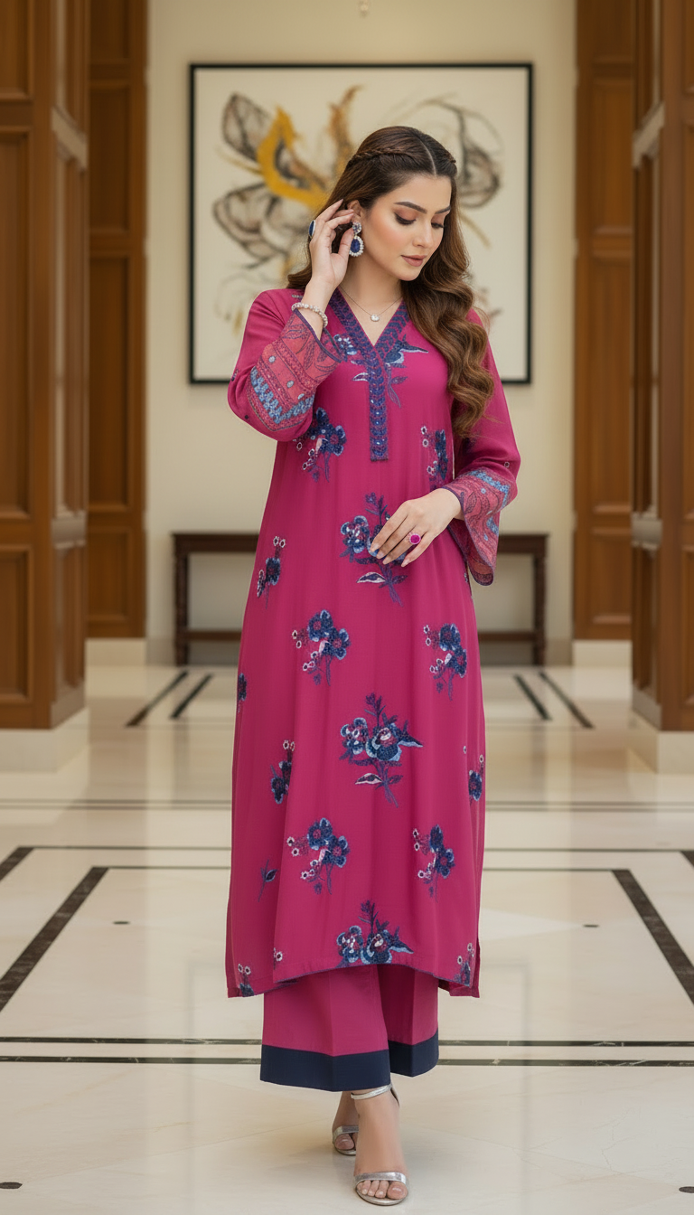 Pink Shimmer Kaftan 2 Pcs Embroidered Dress