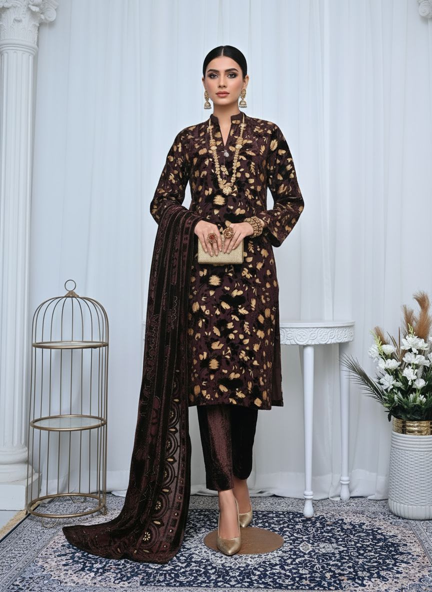 Full Brown Palachi Velvet Dress with Palachi Shawl and Velvet Trouser