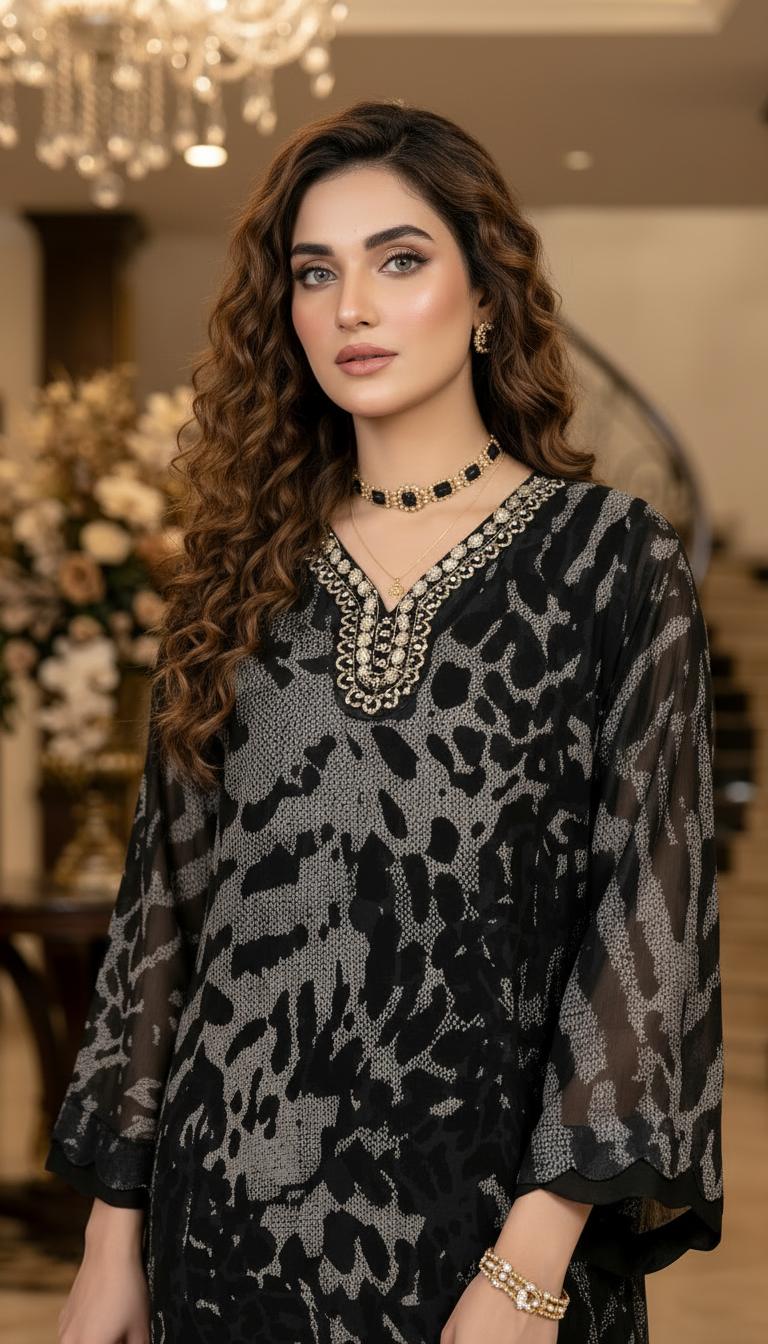 Uswa Black Lawn Ready to Wear 2 Pcs Kaftan Dress