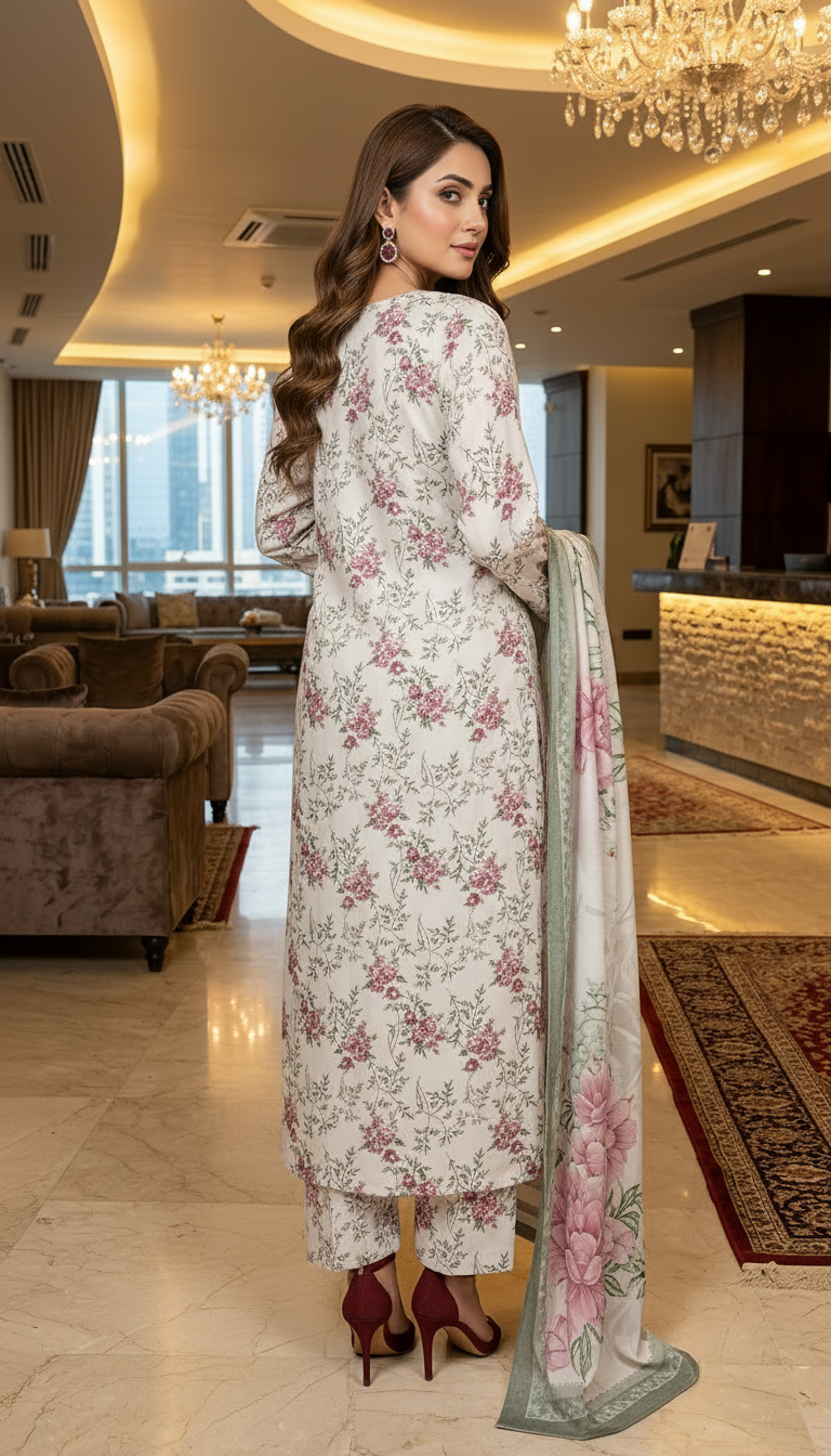 Elan Ready to Wear 3 Pcs Linen Dress with Silk dopatta