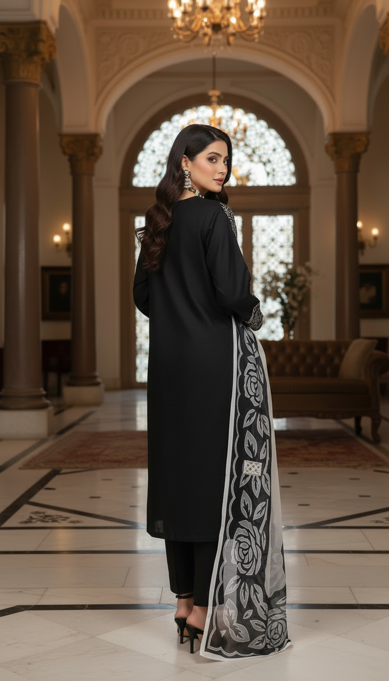 Black Purity Ready to Wear 3 Pcs Embroidered Dress