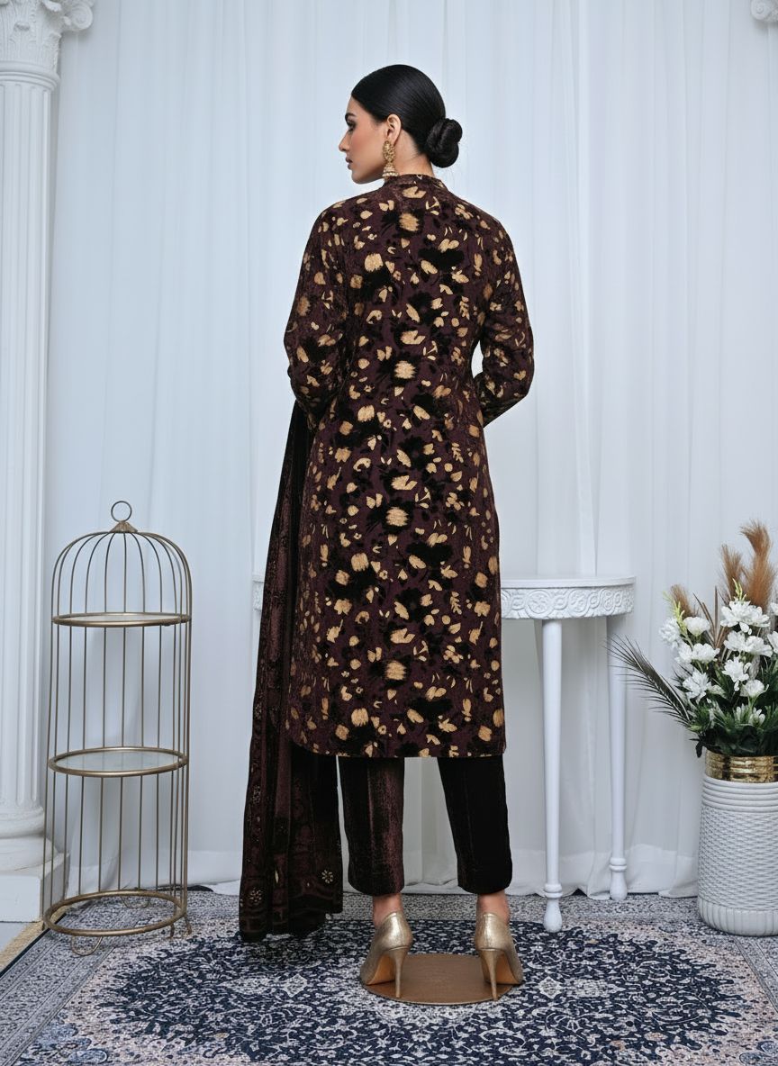 Full Brown Palachi Velvet Dress with Palachi Shawl and Velvet Trouser