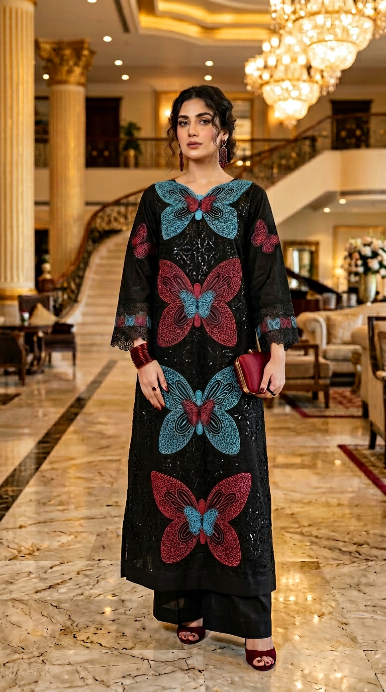 Black Butterfly Fully Embroidered 2 Pcs Kaftan Dress
