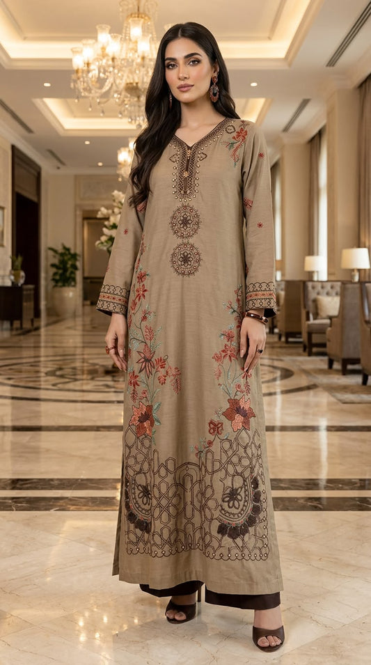 Gulrukh brown Fully Embroidered Kaftan Dress