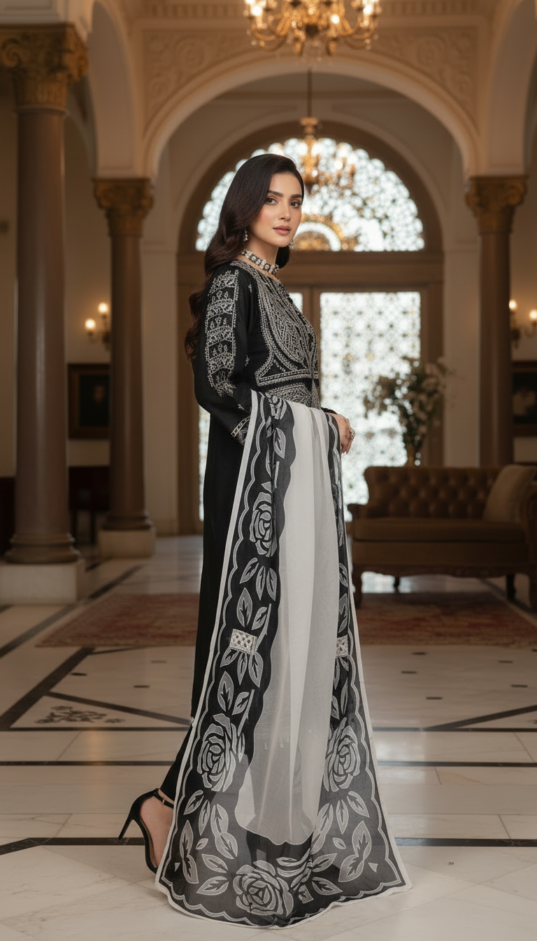 Black Purity Ready to Wear 3 Pcs Embroidered Dress