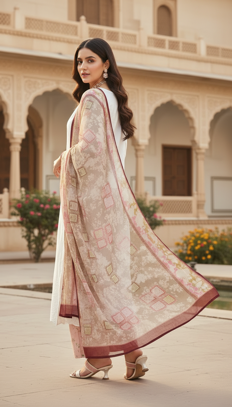 White Chikankari Embroidered 3 Pcs Dress with Chiffon dopatta