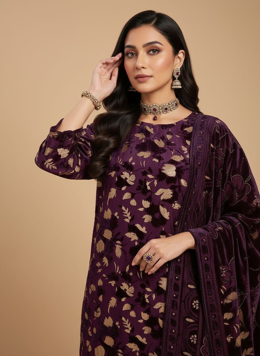 Full Purple Palachi Velvet Dress with Palachi Shawl and Velvet Trouser