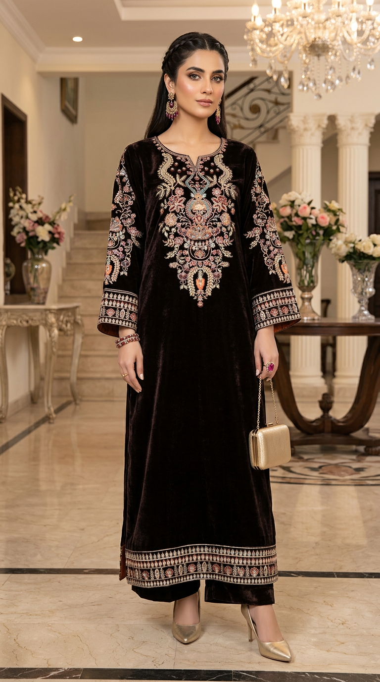 Reema Brown Velvet Fully Embroidered 2 Pcs Dress