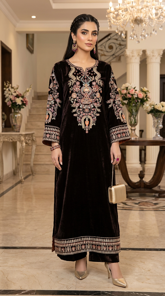 Reema Brown Velvet Fully Embroidered 2 Pcs Dress