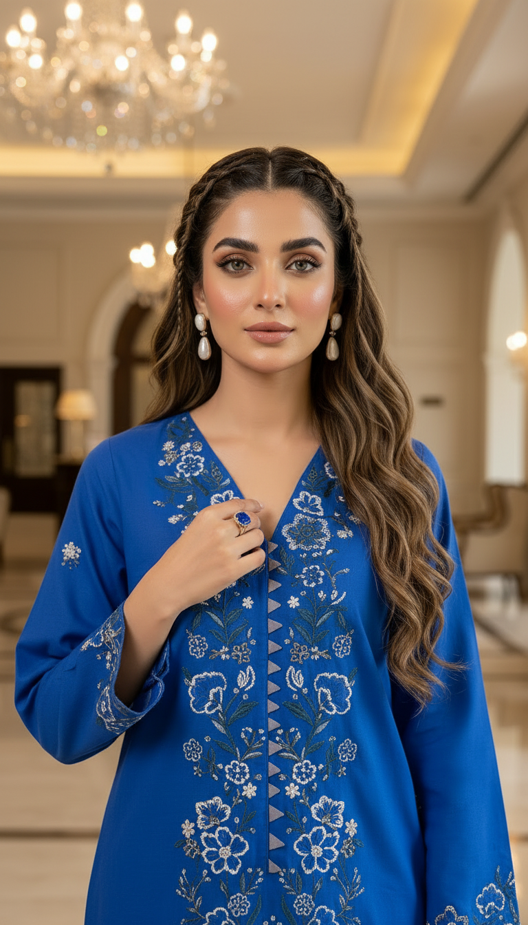 Rena Blue Ready to Wear 2 Pcs Embroidered Dress