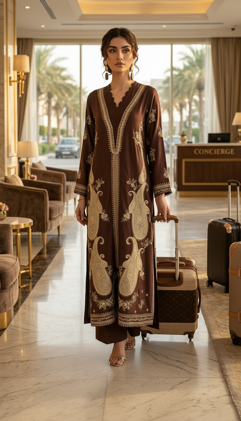 Avnisha Brown Fully Embroidered 2 Pcs Kaftan Dress