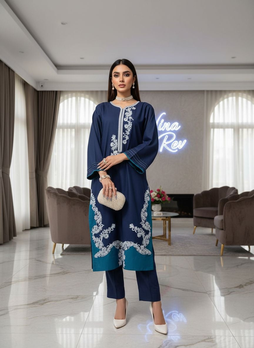 Romana Teal Ready to Wear 2 Pcs Embroidered Dress