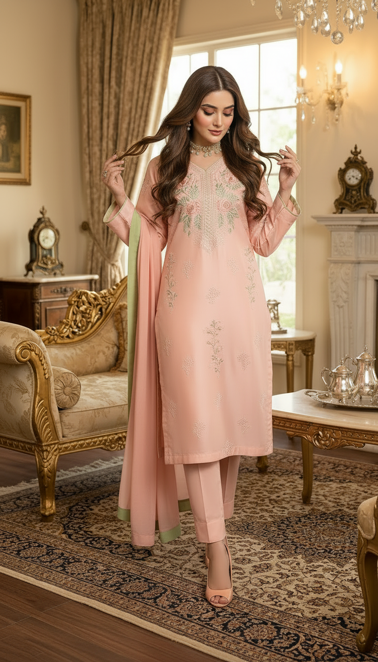 Pink Petal Ready to Wear 3 Pcs Embroidered Dress