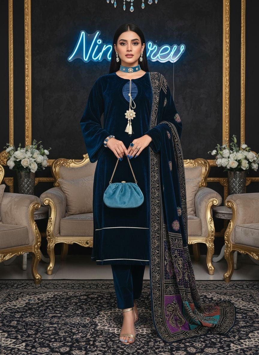 Areeba Teal Velvet Ready to Wear 3 Pcs Dress with Shawl