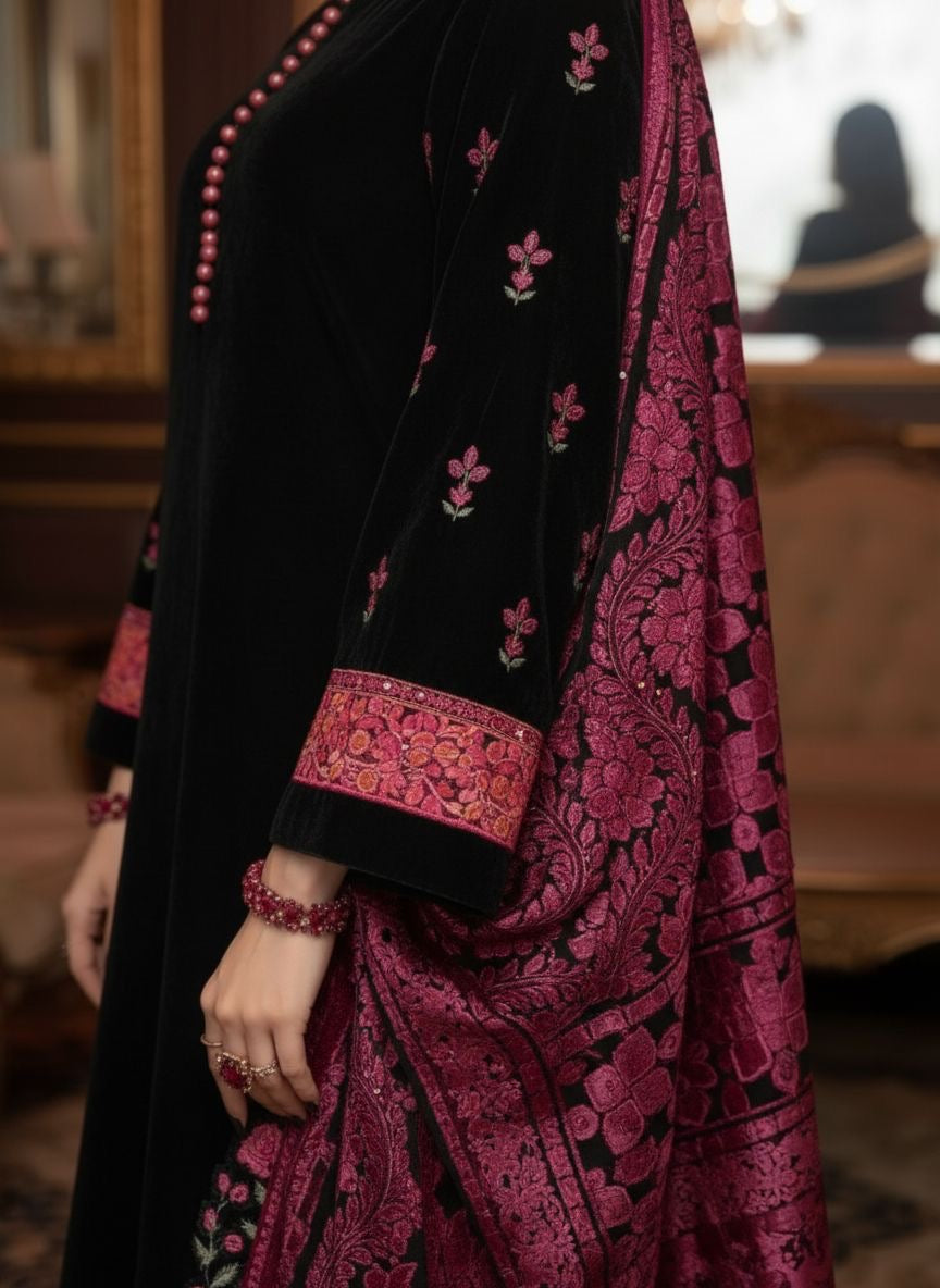 Chandan Ready to Wear 3 Pcs Velvet Embroidered dress with Palachi Shawl