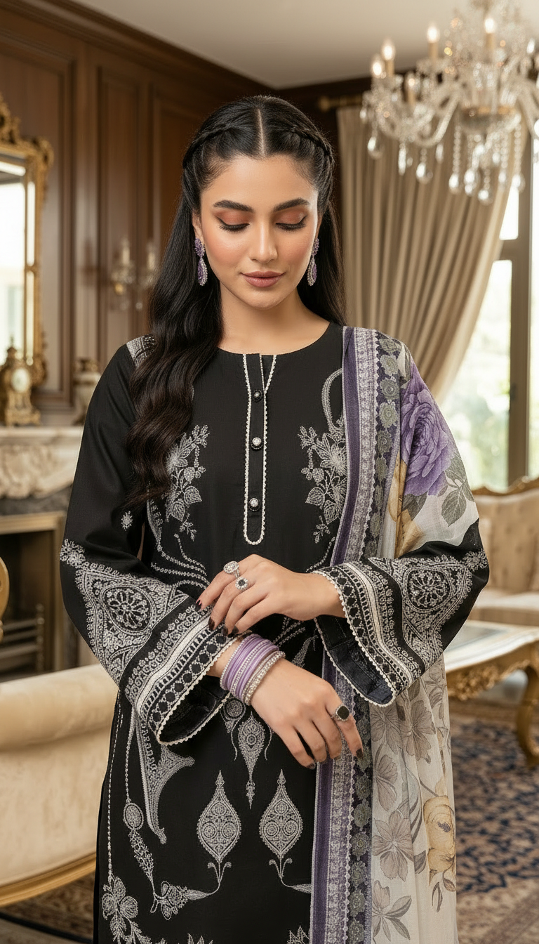 Esha Black Ready to Wear 3 Pcs Dress with Chiffon dopatta