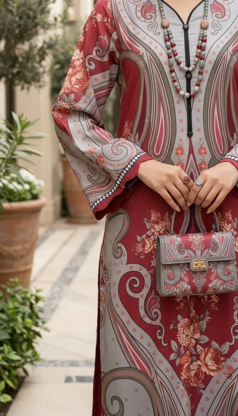 Grey Red Ready to Wear 2 Pcs Linen Kaftan
