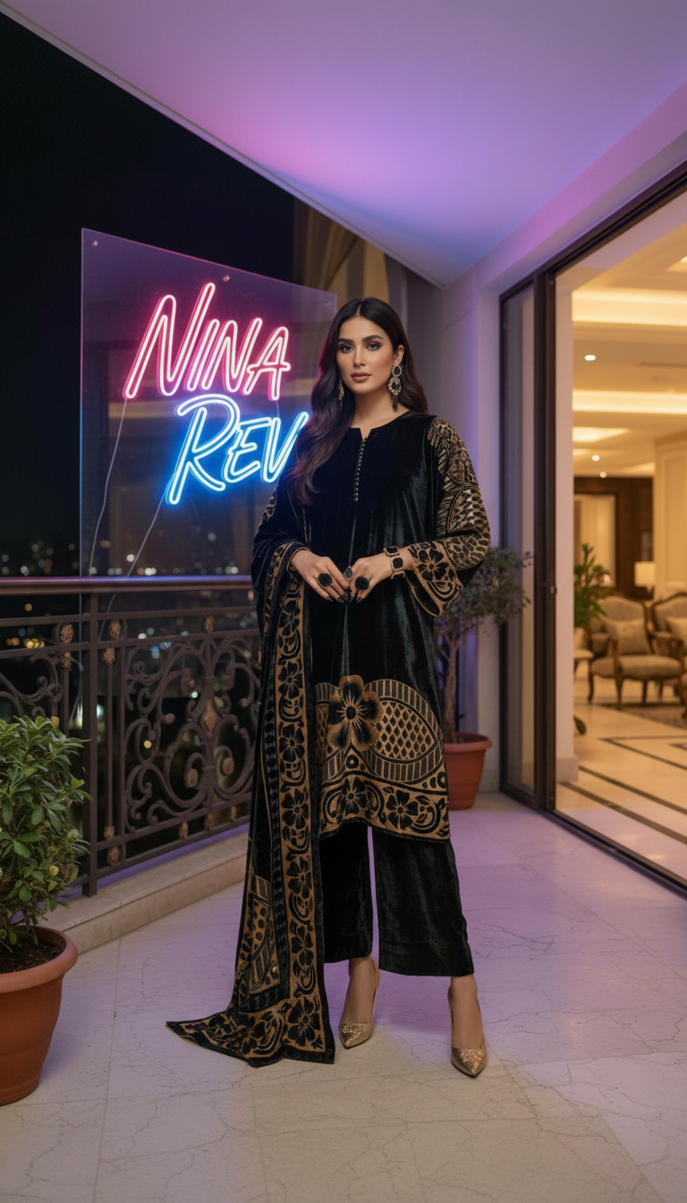 Tia French Velvet Black Dress with Palachi Shawl