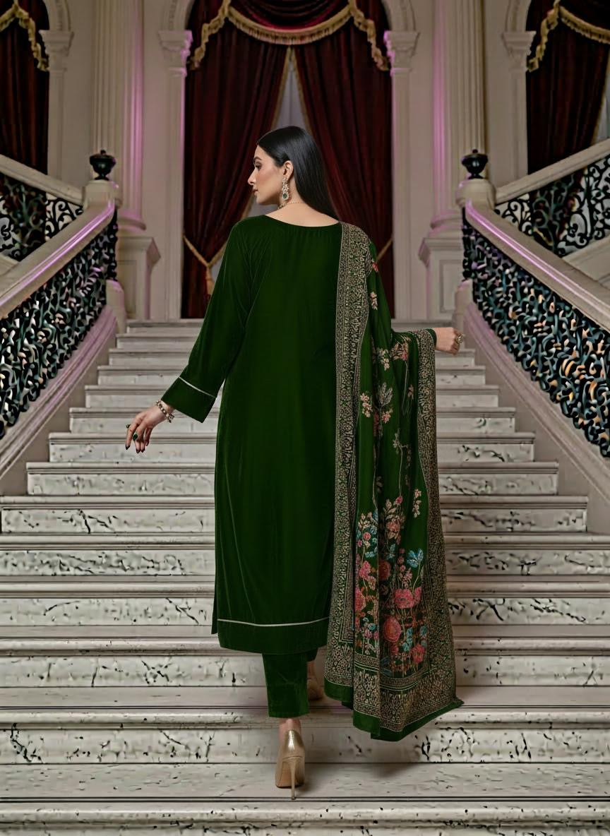 Shahkar Green Velvet Ready to Wear 3 Pcs Collection with Velvet Shawl