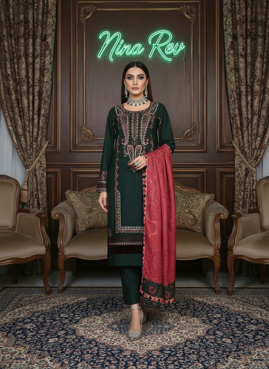 Green Classic Marina Ready to Wear 3 Pcs Embroidered Dress