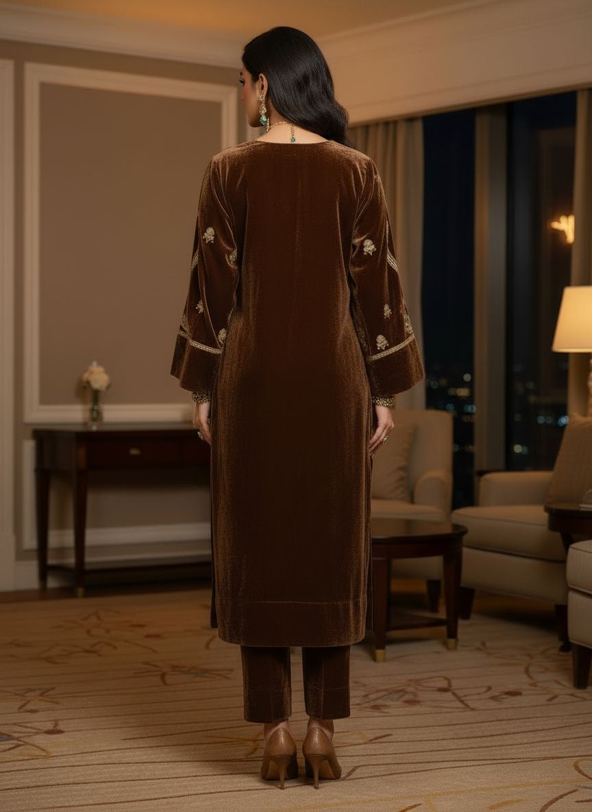 Nurbano Brown Velvet Embroidered 2 Pcs Dress