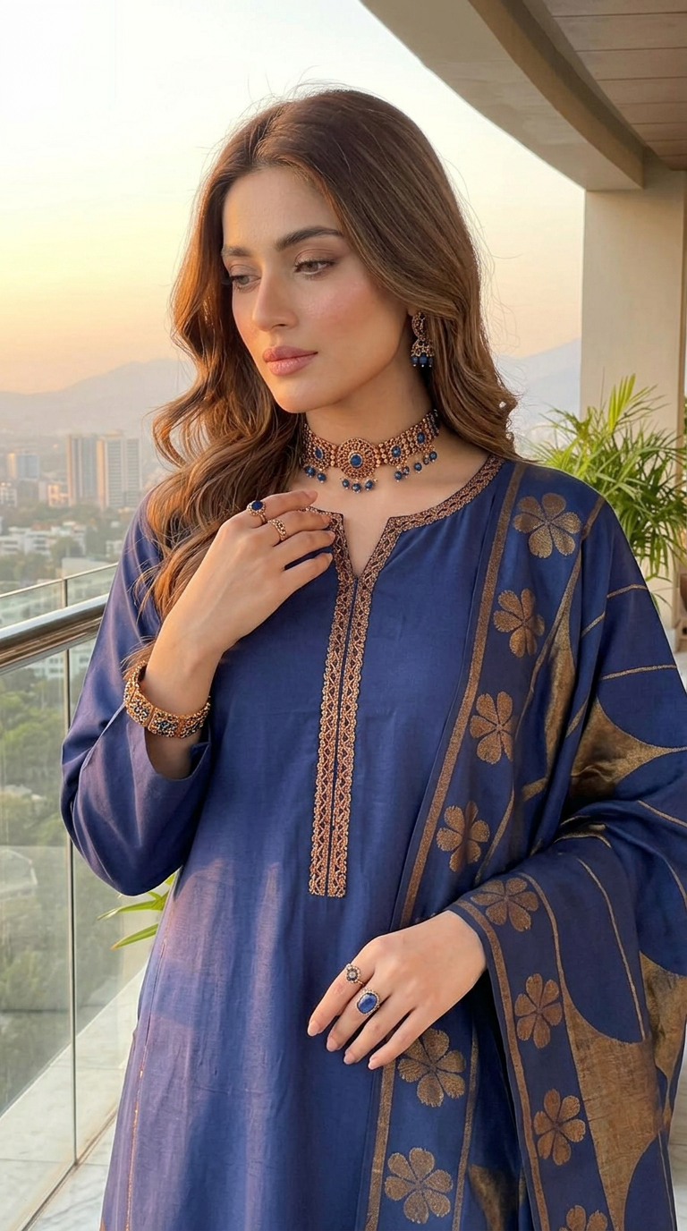 Bronze and Blue Kani shawl Ready to Wear 3 Pcs Dress